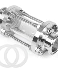 Front-angle view of stainless steel 1.5-inch inline sight glass with bolted tri-clamp ends and gasket rings.