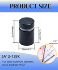 Dead Simple To Install, Rock Solid Aluminum Wall Spacers And Standoff Screws For Acrylic Signs, No Fuss Wall Mounting Hardware Kit, Sleek Black Finish, Top Notch Durability, One Half Inch Size, half inch aluminum standoff with dimensions 12mm x 18.6mm.