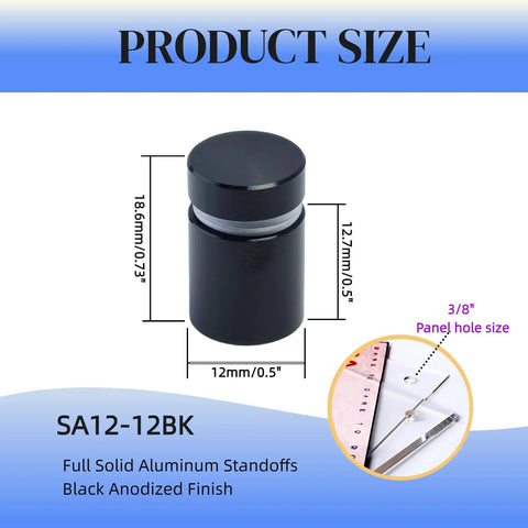 Dead Simple To Install, Rock Solid Aluminum Wall Spacers And Standoff Screws For Acrylic Signs, No Fuss Wall Mounting Hardware Kit, Sleek Black Finish, Top Notch Durability, One Half Inch Size, half inch aluminum standoff with dimensions 12mm x 18.6mm.