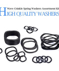 Carbon Steel Compression Type Wavy Crinkle Spring Washers 320 Piece Assortment Kit shown in different sizes and shapes.