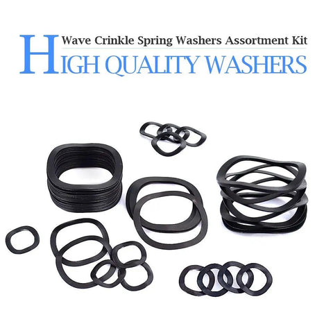 Carbon Steel Compression Type Wavy Crinkle Spring Washers 320 Piece Assortment Kit shown in different sizes and shapes.