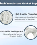 1-inch wood stove gasket rope banner with two circular insets showing fiberglass rope and braided sealing cord