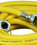 Heavy Duty Yellow Rubber Air Hose Three Quarter Inch By 50 Feet Long Built Like A Beast For Jackhammers And Pneumatic Gear 300 Psi Chicago Style Couplers with metal coupling.