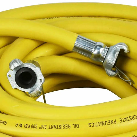 Heavy Duty Yellow Rubber Air Hose Three Quarter Inch By 50 Feet Long Built Like A Beast For Jackhammers And Pneumatic Gear 300 Psi Chicago Style Couplers with metal coupling.