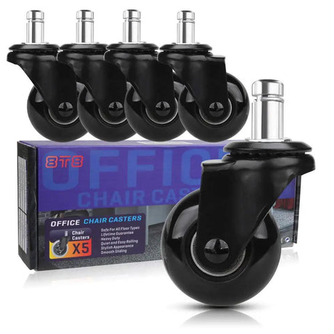Heavy Duty 2 Inch Chair Caster Wheels Set Of 5 With Plug In 7/16 Inch Stem 7/8 Inch Length displayed with packaging