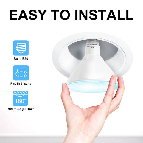 Installing Outdoor LED Flood Light Bulb 5000K Daylight, 110V E26 Base, 20W with hand illustration and installation details.