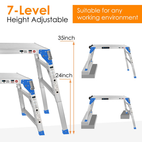 Adjustable Aluminum Work Platform 330 Lb Capacity, Height 24 To 35 Inches, Portable Folding Step Stool Ladder shown at different heights