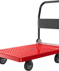 Hella Durable Foldable Flatbed Hand Truck With Four Smooth Rolling Wheels For No Sweat Grocery Moving And Home Warehouse Tasks Or Trunk Storage In Nifty Practical Small Build, red flatbed cart with four wheels.