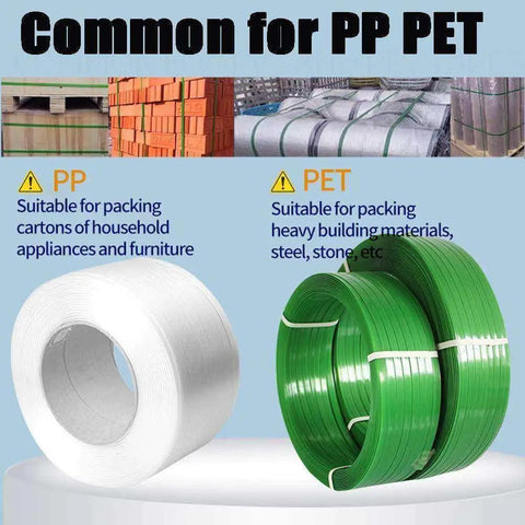 White and green strapping bands for packaging, highlighting PP for cartons and PET for heavy materials, showing usage options.