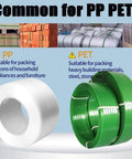White PP and green PET strapping rolls, suitable for packing appliances and heavy building materials, with text highlights.