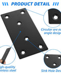 Close-up of a 4x2 inch black flat mending plate, high-quality stainless steel, showcasing circular edge design and drilled holes.
