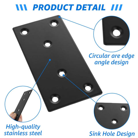 Close-up of a 4x2 inch black flat mending plate, high-quality stainless steel, showcasing circular edge design and drilled holes.