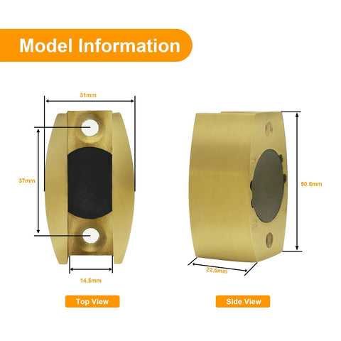 Bottom Guide For Sliding Shower Door In Brushed Gold Finish, 2 By 1 Inch Size, Glass Clamp For 1/4 To 3/8 Inch Thickness, side and top view