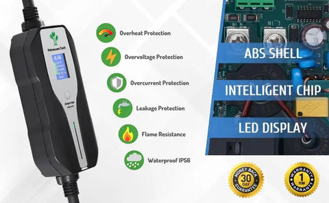 Adjustable Level 2 EV Charger With Glowing Readout Screen displaying features like LED display and ABS shell for durable protection.