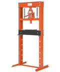 Workhorse 20 Ton Hydraulic Shop Press With H Frame Design Adjustable Working Table Height Two Plates Garage Floor Ready Model Orange Finish Built For Auto Repair Metal Fabrication And Home Workshops