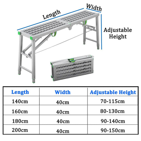 Top Shelf Folding Work Platform And Scaffold Tower With Adjustable Height showing dimensions and foldable design.