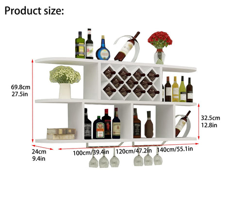 Solid Wood Wall Mounted Wine Rack With Stem Glass Holder Kickback Ready Industrial Vintage Vibe Multipurpose Storage Shelf 69.8cm tall.