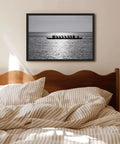 Rowing Team Silhouette Canvas Print With Black Frame, Modern Ocean Landscape Wall Art above bed, minimalist home decor