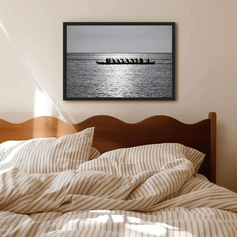 Rowing Team Silhouette Canvas Print With Black Frame, Modern Ocean Landscape Wall Art above bed, minimalist home decor