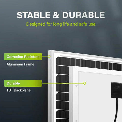 Detail of 20W 12V Monocrystalline Solar Panel for off-grid setups showing corrosion-resistant aluminum frame and durable backplane.