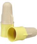 Close-up of Pro Grade Dual Color Tan Yellow Wire Connector Jug Of 500, Twist On, T Y Jug, shown with a flexible steel spring.