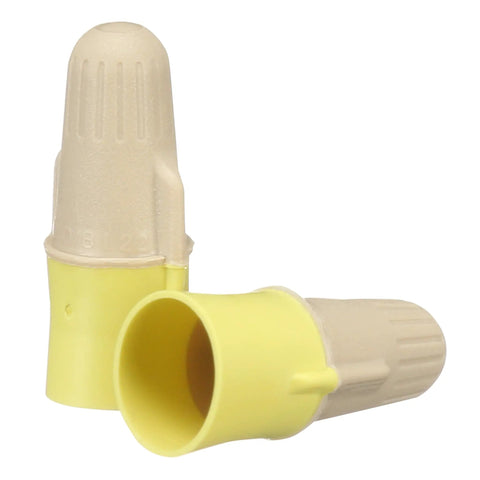 Close-up of Pro Grade Dual Color Tan Yellow Wire Connector Jug Of 500, Twist On, T Y Jug, shown with a flexible steel spring.