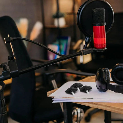 Rock Solid Microphone Stand Thumb Screws Decked Out With Tee Wing Knobs for easy installation in studio setup.