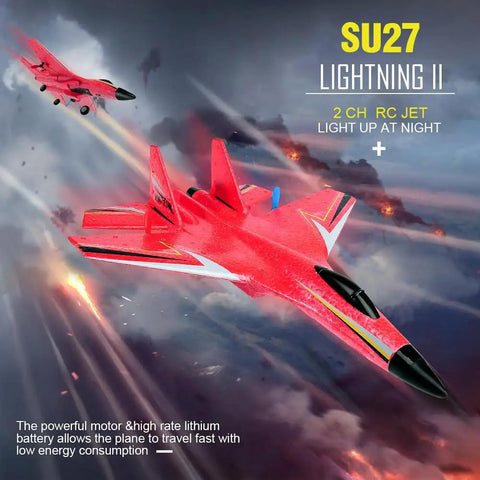 Su-27 RC Airplane With Gyro Stability, Rad 2 Channel Remote, Night Lights soaring in sky with night LEDs visible.