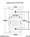 Back view and size dimensions of 2 Gang Glass Panel WiFi Smart Light Switch With Touch Control for installation guide.
