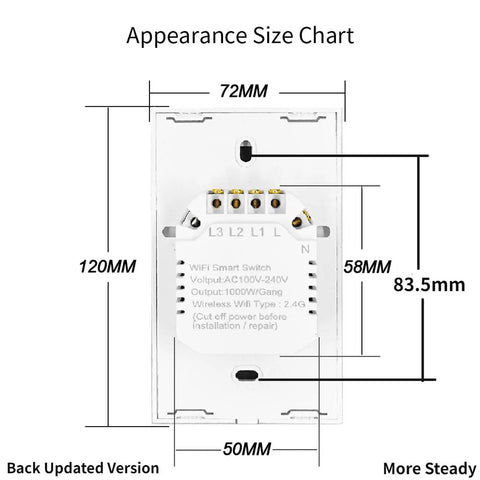 Back view and size dimensions of 2 Gang Glass Panel WiFi Smart Light Switch With Touch Control for installation guide.