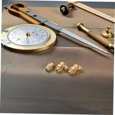 Nine Piece Copper Grease Nipple Kit For Vehicles With Durable Copper Fittings Universal Fit Hassle Free Install And Long Lasting Performance For Cars Trucks Tractors And Excavators, showing close-up of three copper nipples on a wooden surface with tools.