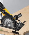 Heavy Duty Angle Grinder Bracket With Integrated Dust Collection System For Smooth Bevel Adjustments Up To Forty Five Degrees on a wooden surface.
