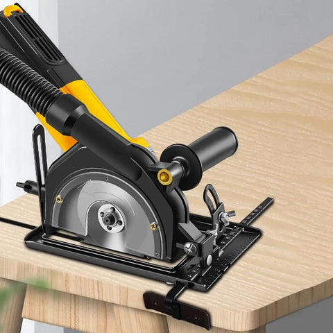 Heavy Duty Angle Grinder Bracket With Integrated Dust Collection System For Smooth Bevel Adjustments Up To Forty Five Degrees on a wooden surface.