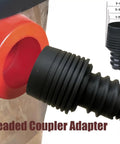 Close-up of Go-To All In One Dust Collection Hose Kit with 2.25 in to 2.5 in reducer adapter connecting to a red dust collector.