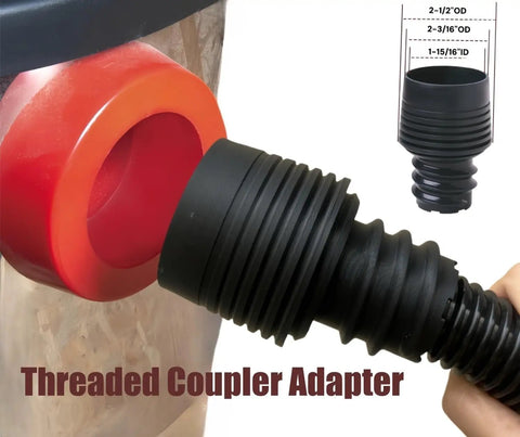 Close-up of Go-To All In One Dust Collection Hose Kit with 2.25 in to 2.5 in reducer adapter connecting to a red dust collector.
