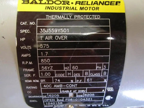 Label on 1 HP Industrial Motor, 575V 3 Phase Workhorse, 850 RPM, Open Enclosure, Frame 56Y, 1.7A, Thermally Protected