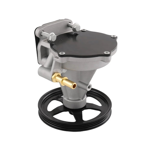 RADHLBNIU vacuum pump front view; aluminum gray body with black top plate and brass inlet for Cadillac Escalade