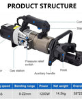 Compact Handheld Electric Hydraulic Rebar Bender For Steel Copper Rods 0-90 Degrees, showing core motor, comfort grip handle.