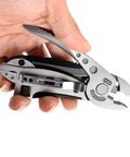 Hand holding Two Piece Portable Stainless Steel Multitool Pliers Set With Wire Cutters And Multi Purpose Wrench for Outdoor Survival