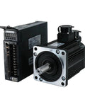AC servo motor with brake and matched driver unit; black ribbed aluminum housing and front mounting flange