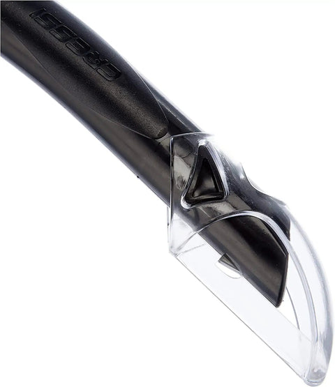Close-up of the anti-splash valve on a Mexico Semi Dry Snorkel for Adults With Anti Splash Valve and Comfortable All Day Fit Rounded Profile Easy Breathing Tube