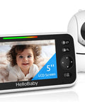 Seriously Solid No Wifi Baby Monitor Camera And Audio With Super Crisp Five Inch Screen, Smooth Pan And Tilt Control, Crystal Clear Two Way Talk, Totally Hassle Free Setup, Plus All Day Battery Power displaying a baby smiling on the screen.