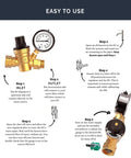 Installation diagram of Heavy Duty Lead Free Brass RV Water Pressure Regulator With Oil Filled Gauge, screwdriver, and tape.