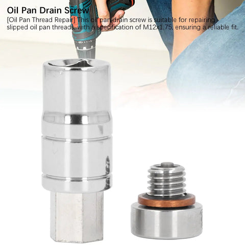 Heavy Duty M12x1.75 Self Tapping Oil Pan Drain Screw Repair Kit With 304 Stainless Steel Plug To Fix Stripped Threads On Oil Sumps, shown with drill