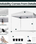 Easy Up 10x10 Pop Up Canopy Tent With Heavy Duty Frame Hangout Ready Beach Shade Shelter For Parties Events Camping Outdoor Gazebo With 420D PU Coated Waterproof White Fabric and accessories displayed