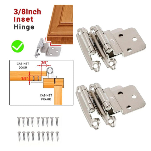 Diagram and close-up of 3/8 Inch Inset Cabinet Hinges, Self-Closing Flush Face Mount with Door Bumper, 6 Hinges Plus 30 Screws