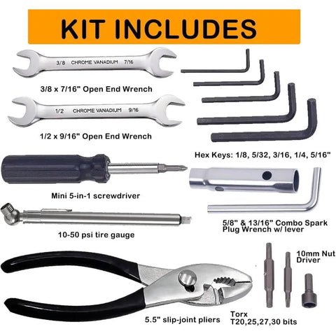 Harley Davidson Motorcycle Repair Tool Kit Set Portable SAE Essentials 14-Piece including wrenches, hex keys, and pliers.