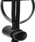 Close-up of Coiled Lanyard For Securing Dive Gear To BCD With Quick Release Buckle and Split Ring, black material.