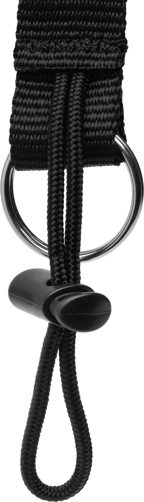 Close-up of Coiled Lanyard For Securing Dive Gear To BCD With Quick Release Buckle and Split Ring, black material.