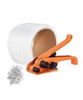 Heavy Duty Manual Strapping Machine Kit For PP Tape Packing Pliers With 100 Metal Seals, includes tape roll and tensioner tool.